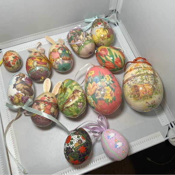 Set Of 14 Vintage Decoupage Easter Eggs Paper Mache Decoration Ornaments Bunny - Picture 1 of 7